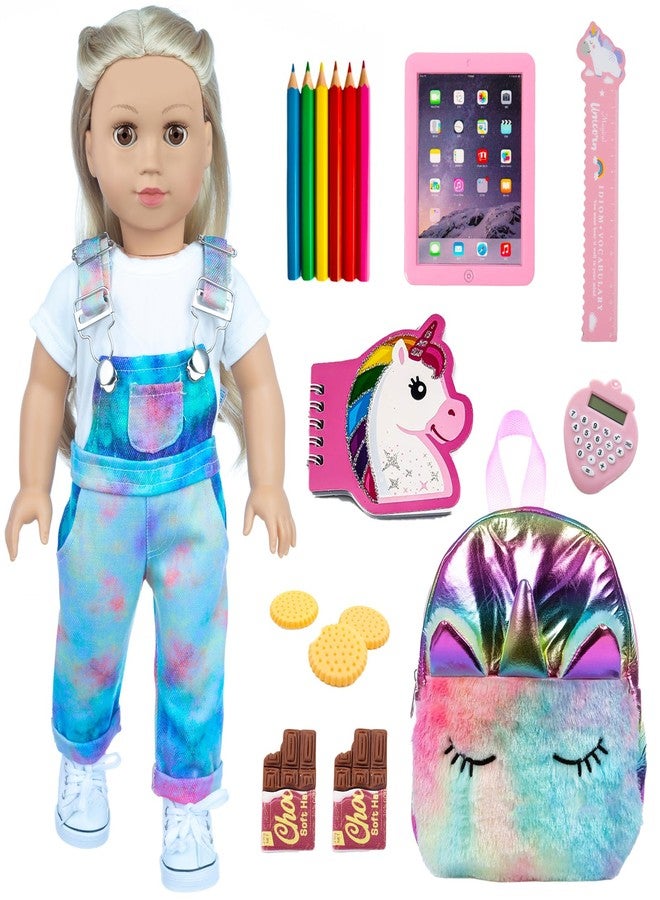 DONTNO American 18 Inch Doll Accessories, Cute School Supplies Set - Denim Suspenders, Doll Bag, Pencil, Ruler - Image 1